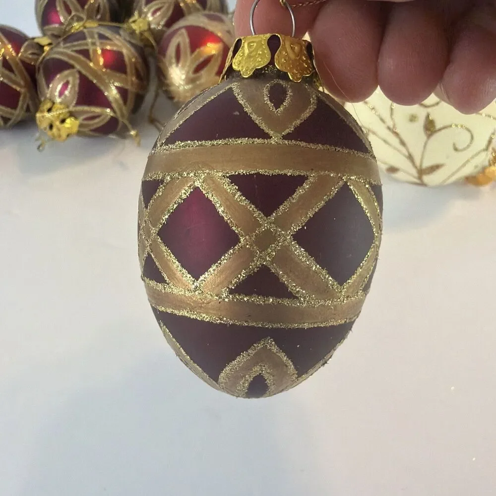 12 Shatterproof Egg Christmas Ornaments Burgundy White Gold Glittered Floral Lot